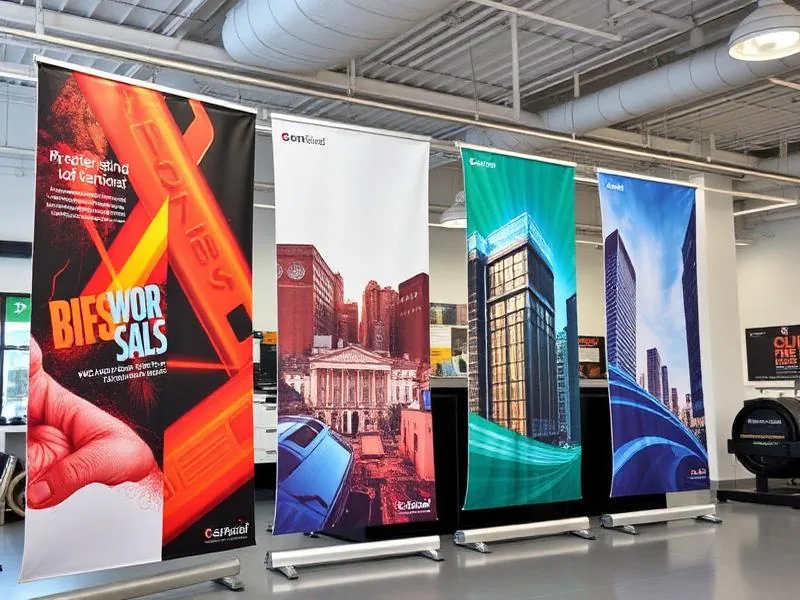 Banners roll-up coloridos montados lado a lado